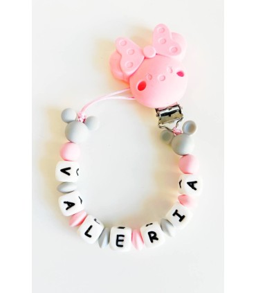 Chupetero silicona lazo minnie rosa gris