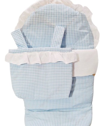 Pack saco de silla y talega volante muselina blanco celeste.