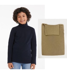 Camiseta cuello vuelto camel y zul