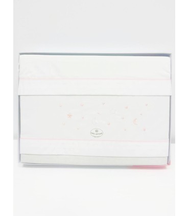 Juego sábana tela minicuna estrellas luna corazon blanco/rosa