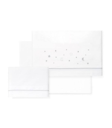 Juego sábana tela coche y minicuna estrellas luna corazon bl/gris