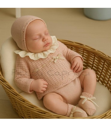 Conjunto lana 4 piezas lazo tundosado rosa nude