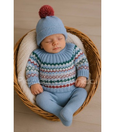 Conjunto lana 3 piezas jacuard azul cielo