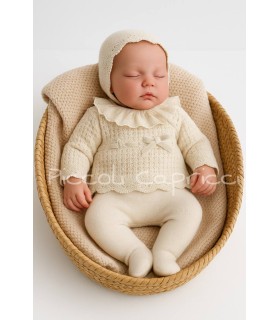 Conjunto lana 3 pzs tira bordada y cinta terciopelo natural