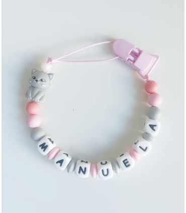 Chupetero personalizado rosa de plástico con gatito gris