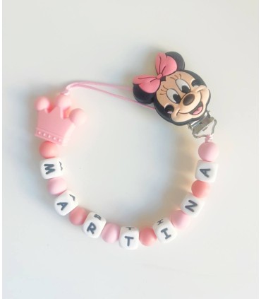 Chupetero personalizado rosa Minnie lazo con corona