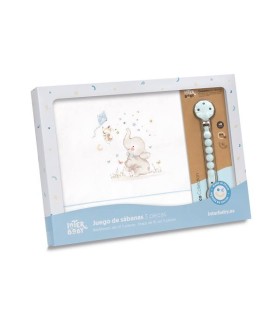 Juego sábanas CUNA de tela elefante bco/cte con chupetero
