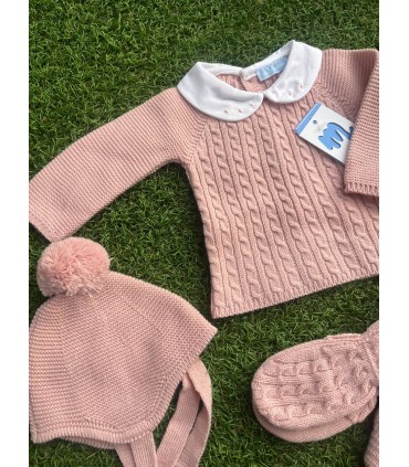 Traje 3P trencitas con cuello bordado y gorro pompom "CLOUD BRAIDE" vintage