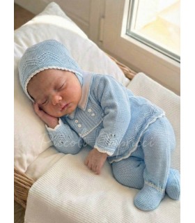 Conjunto lana bodoques celeste con blanco