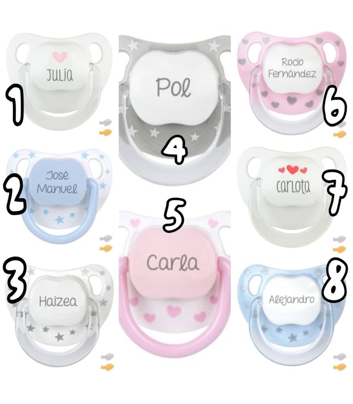 Pack Chupetes personalizados baby + broche blanco